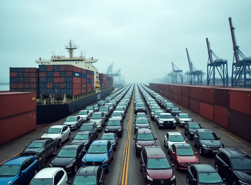 Cars being loaded onto a cargo ship at a port, symbolizing international trade and potential tariffs.