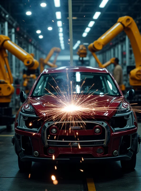 Close-up of a Ford factory assembly line with robots welding car parts, showcasing American automotive manufacturing.