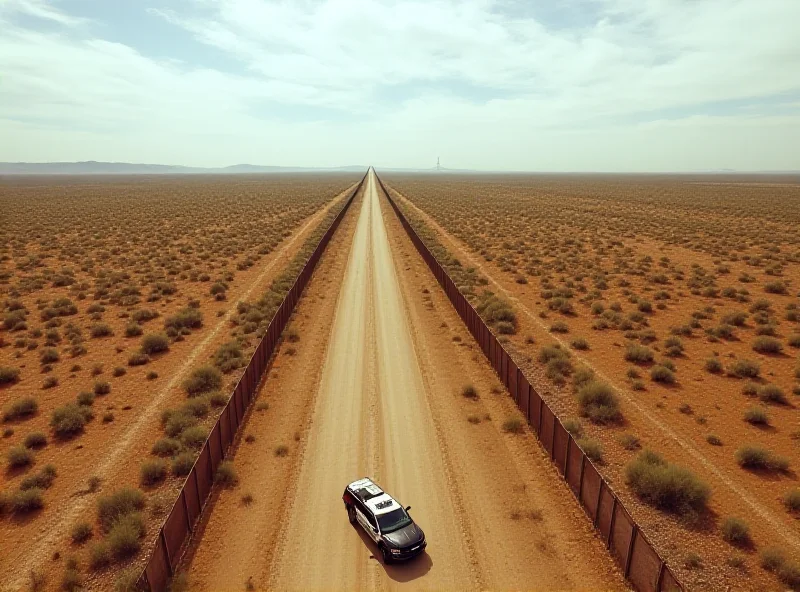 A high-angle, wide shot of the US-Mexico border with a border patrol vehicle parked nearby, showcasing the vastness of the landscape.