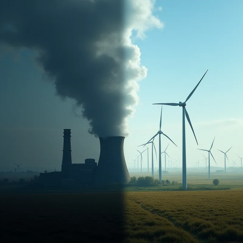 Image of a coal power plant spewing smoke, contrasted with wind turbines in the background.