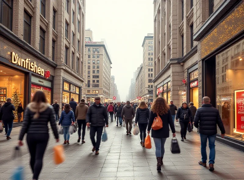 A bustling shopping street with people carrying shopping bags.