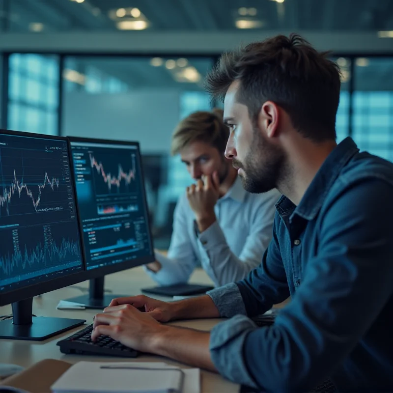 A person looking at a computer screen displaying stock charts, with a concerned expression.