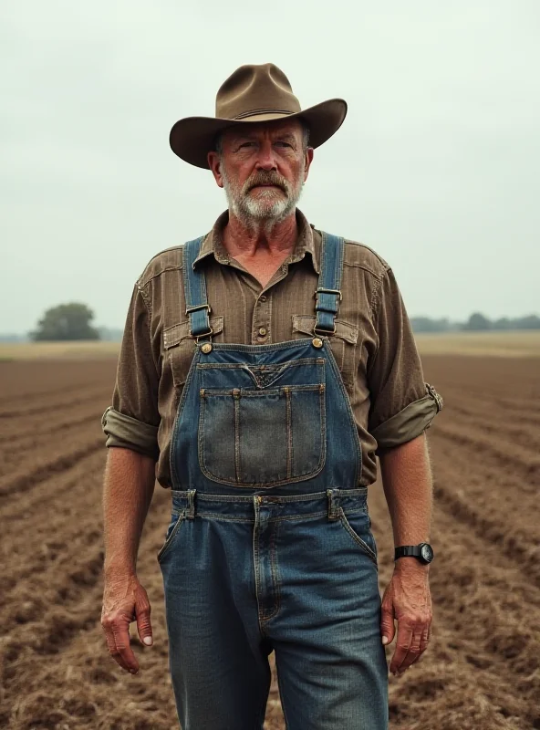 Image of a distressed American farmer standing in a dry, cracked field, symbolizing the impact of the trade war.