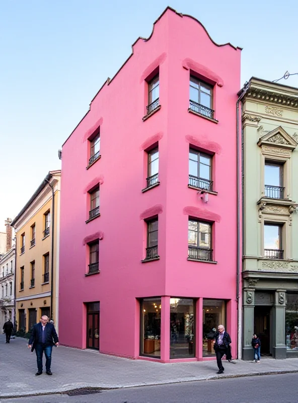 A building with a bright pink facade in a European city center.