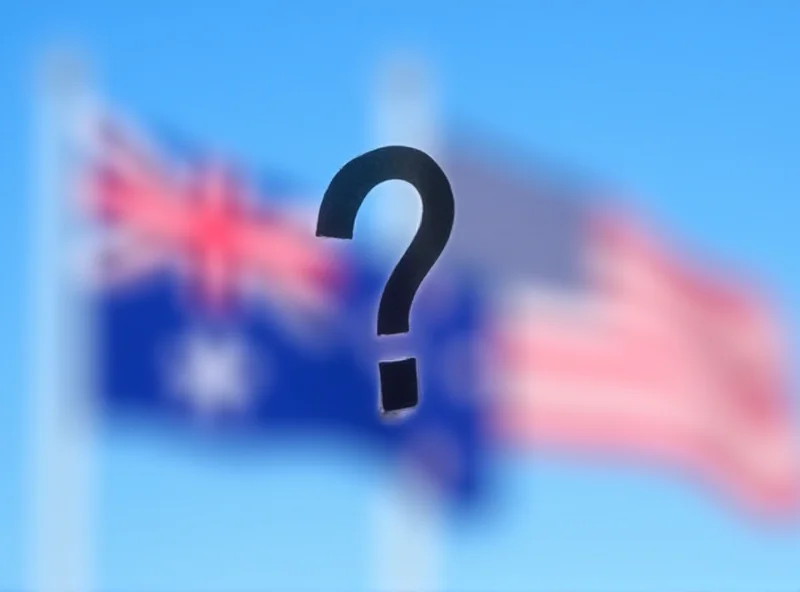 An Australian flag waving next to an American flag, with a question mark subtly superimposed over the American flag.