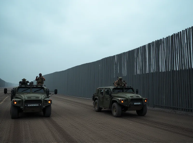 An image of the US-Mexico border fence, with US military vehicles patrolling the area.