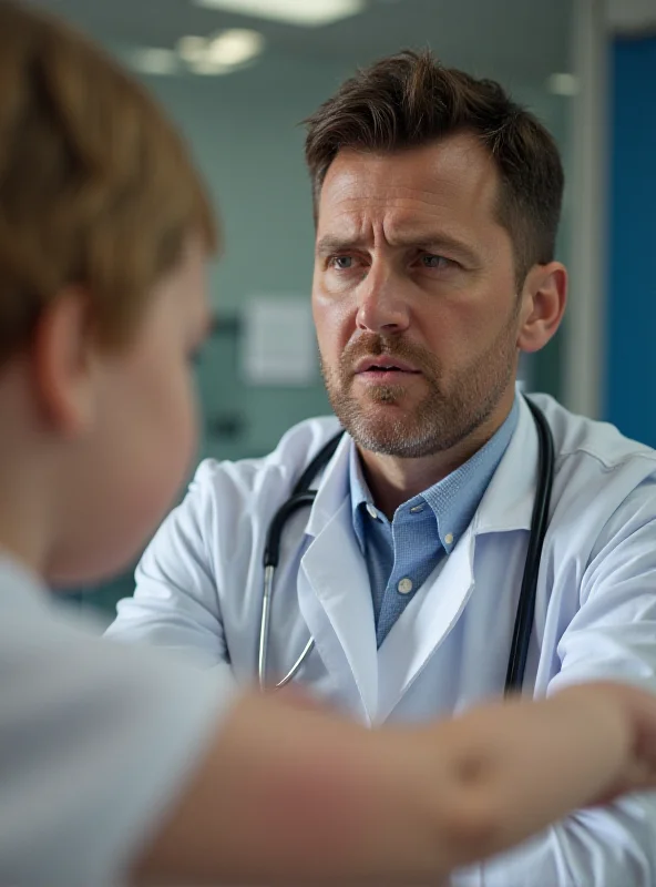 A concerned doctor looking at a patient with measles symptoms