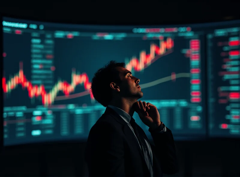 A worried investor watching stock prices plummet on a large screen in a dimly lit office. The investor is wearing a suit and tie and appears stressed.