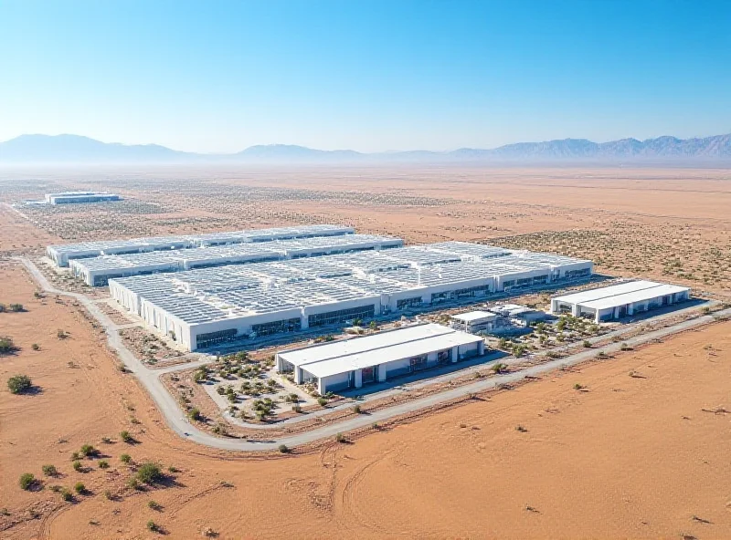 Aerial view of a large TSMC semiconductor fabrication plant in Arizona, surrounded by desert landscape. The plant is modern and sprawling, with numerous buildings and solar panels.