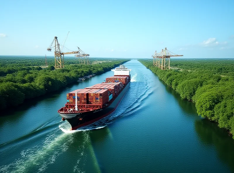 Container ship passing through the Panama Canal, with large cranes visible on the banks. Lush green vegetation surrounds the canal, and a clear blue sky is overhead.