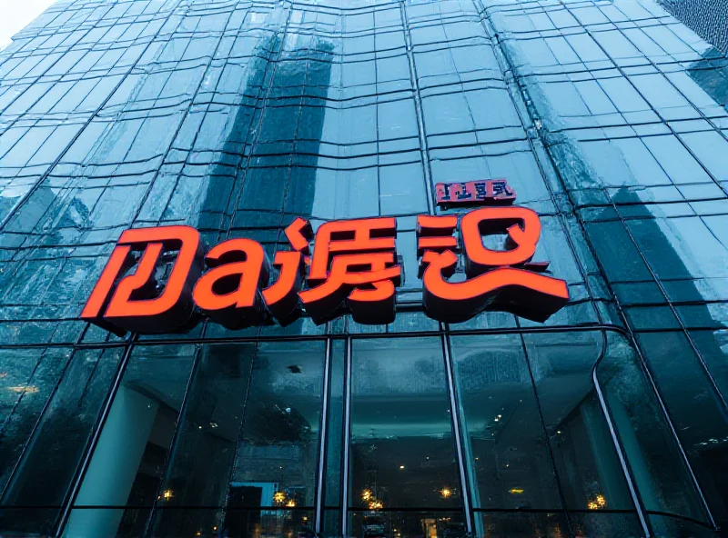 Modern glass office building with the Baidu logo prominently displayed on the front. The building is located in a bustling urban area with other high-rise buildings in the background.