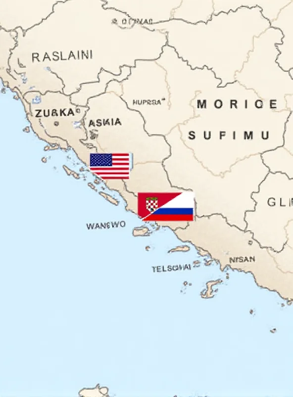 A map of the Balkans region, highlighting Serbia and Croatia, with a subtle overlay of the US and Russian flags, symbolizing the geopolitical tensions.