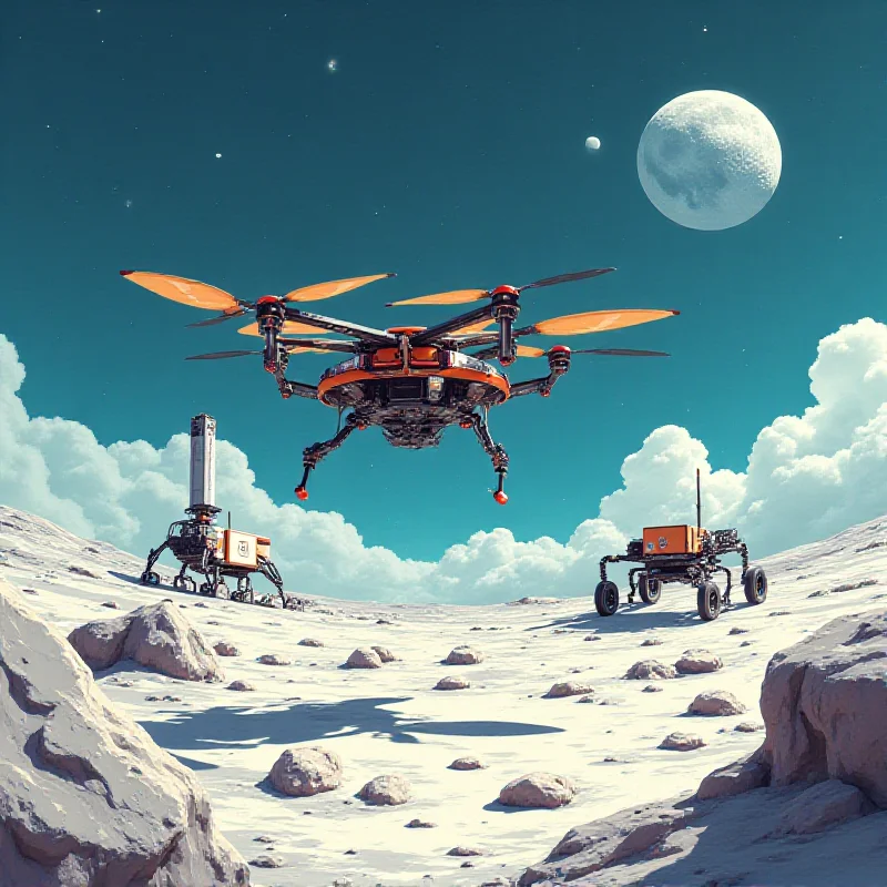 Illustration of a hopping drone exploring the lunar surface, with rovers and a drill in the background