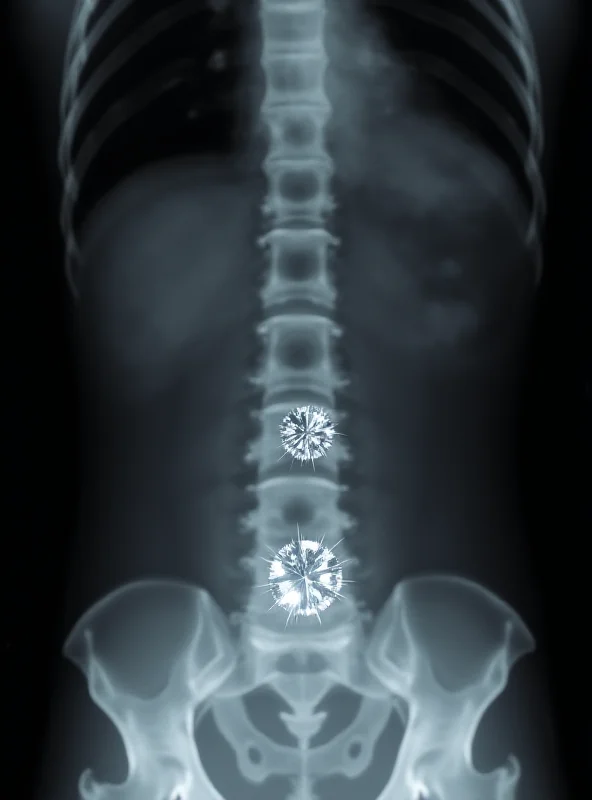 An X-ray image showing the outline of diamond earrings inside a human body.