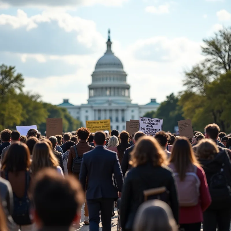 A diverse group of people walking towards the US Capitol Building, symbolizing immigration and policy changes.