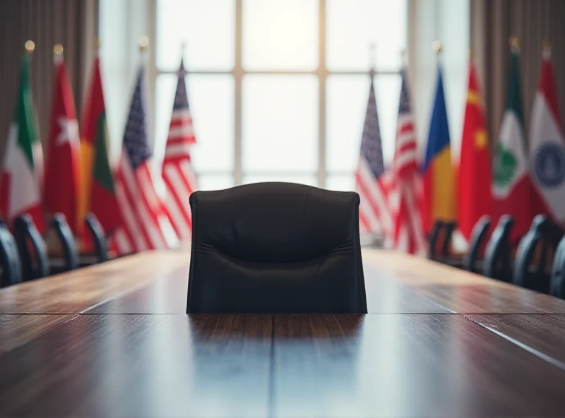 Illustration of an empty chair at a G20 summit table, symbolizing the absence of key US officials.