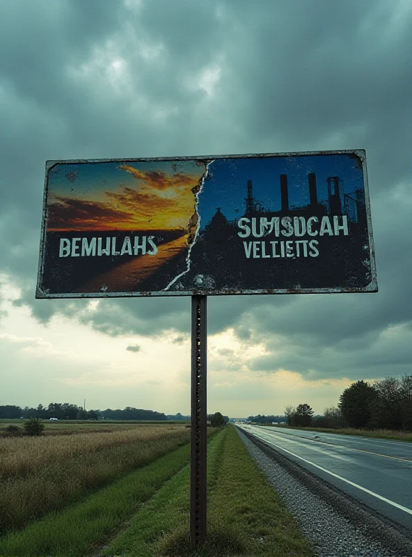 A divided highway sign, one side pointing towards 'Democratic Solutions' and the other towards 'Republican Solutions' to the migrant crisis.