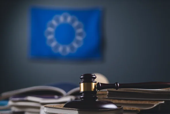 A gavel resting on a stack of legal books with an EU flag in the background.