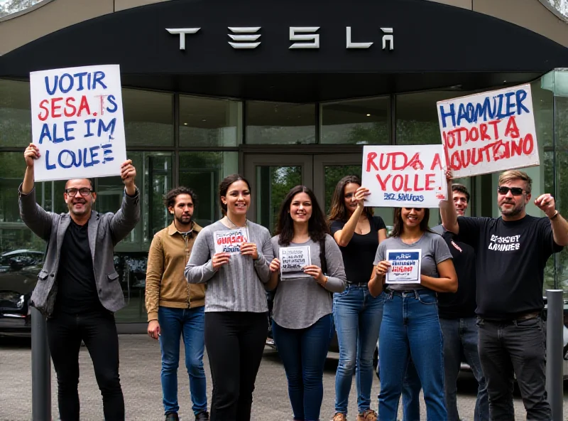 Protesters holding signs outside a Tesla showroom