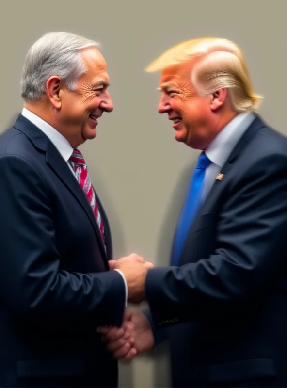 Benjamin Netanyahu smiling and shaking hands with Donald Trump.