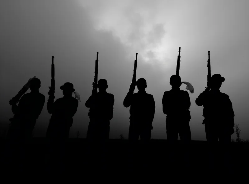 Silhouette of a firing squad against a dark background.