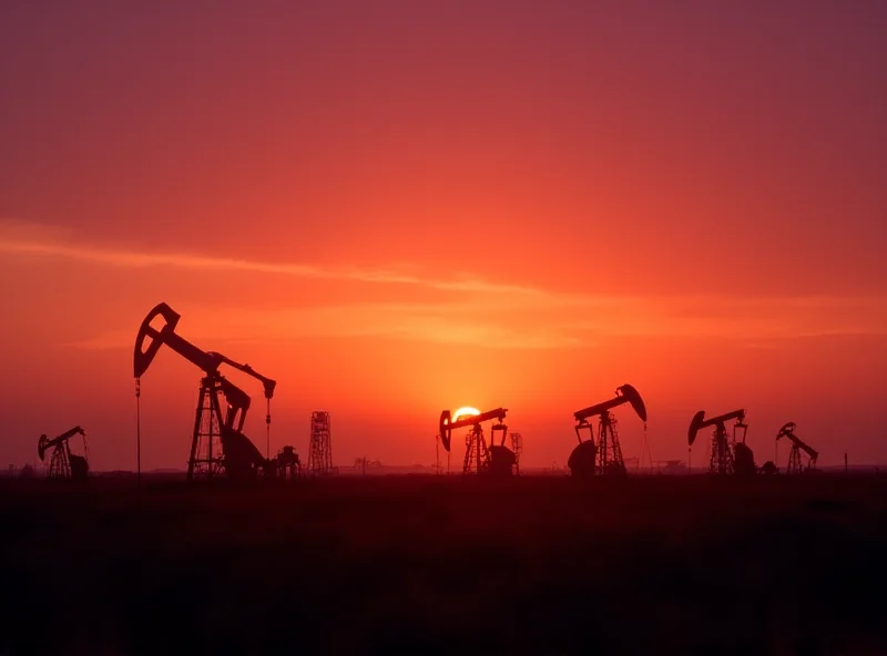 Oil derricks silhouetted against a sunset sky, symbolizing the decline in natural gas rig activity.