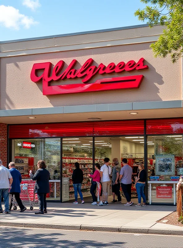 A modern Walgreens store front with people entering and exiting, representing the acquisition and shift to private ownership.