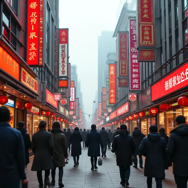 A bustling street scene in Beijing, China, with modern buildings and busy shoppers, representing the focus on boosting domestic demand.