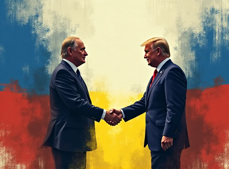 Illustration of a handshake between the US and Russia against a backdrop of the Ukrainian flag.