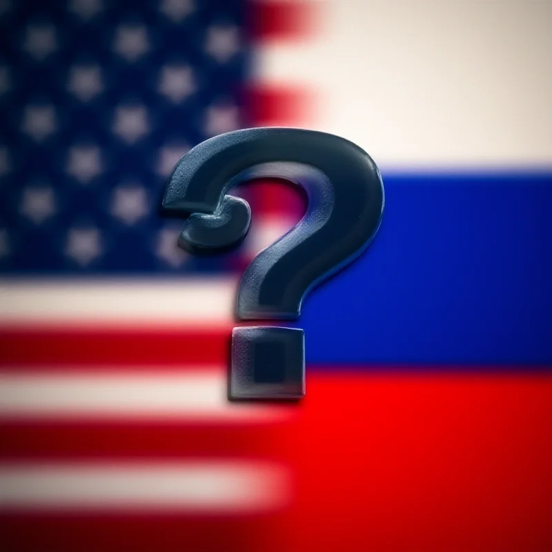 A split image showing the US flag on one side and the Russian flag on the other, with a question mark in the middle.