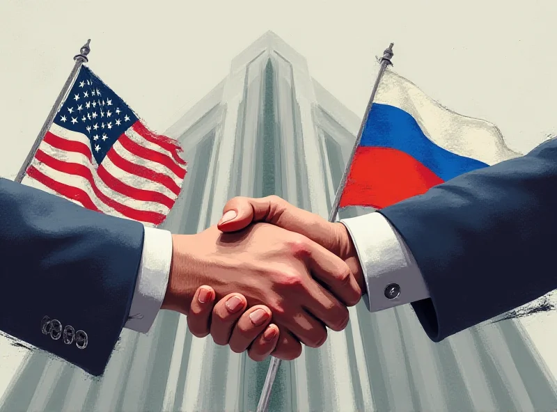 Illustration of the US and Russian flags shaking hands in front of a stylized UN building.