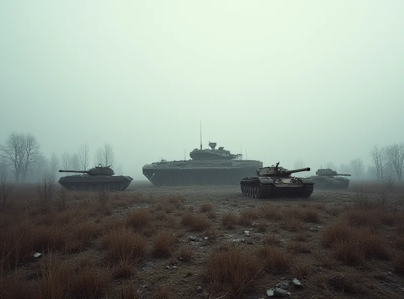 A dramatic landscape of war-torn Ukraine, with damaged tanks and a smoky sky.