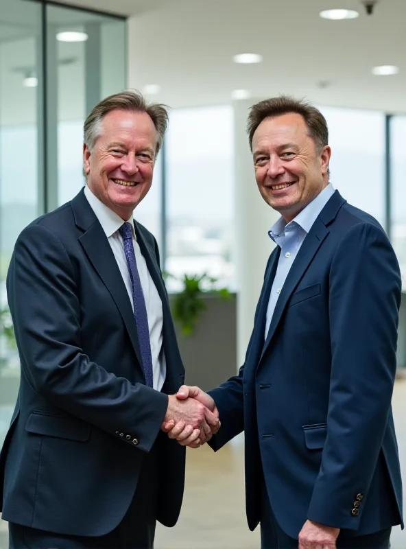 Nigel Farage and Elon Musk smiling and shaking hands.