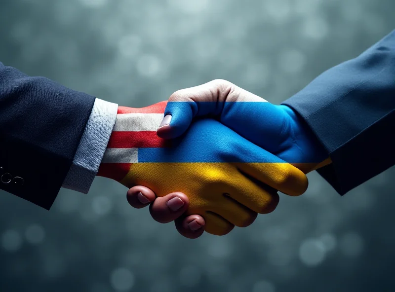 Image of US and Russian flags shaking hands in front of a map of Ukraine