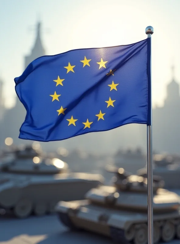 Image of a European flag with military equipment in the background