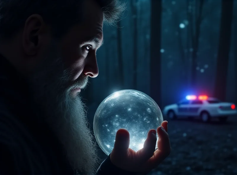 Image of a clairvoyant looking into a crystal ball with a police car in the background