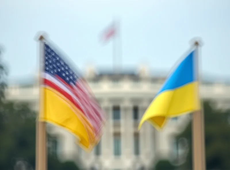 US and Ukrainian flags waving together in a blurred background of the White House