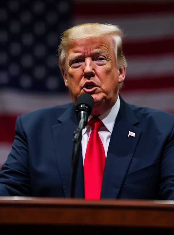 Donald Trump giving a speech at a podium with an American flag behind him, serious expression