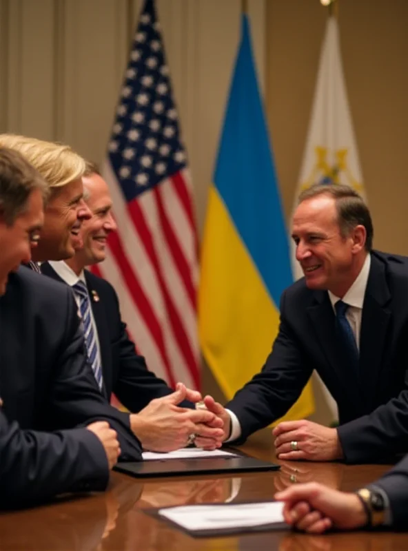 A meeting between US and Ukrainian officials, smiling and shaking hands in front of their respective flags.