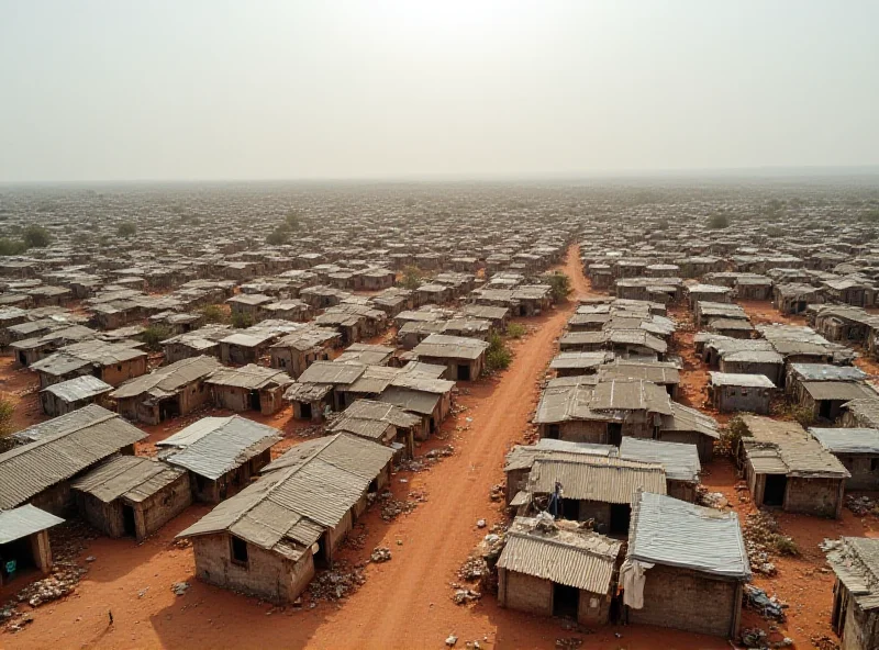 An aerial view of a sprawling township in South Africa, showing corrugated iron roofs and dusty streets. The image should convey a sense of poverty and the potential impact of aid cuts on the community.