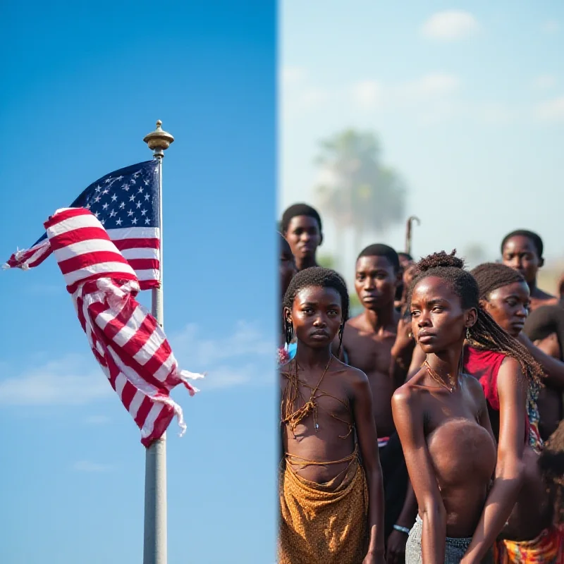 A split image showing on one side the American flag waving proudly, and on the other side a group of people in a developing country looking despondent.