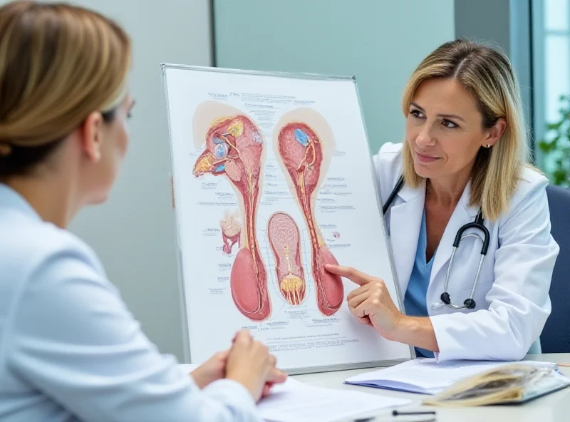 Doctor showing a diagram of the female reproductive system to a patient.