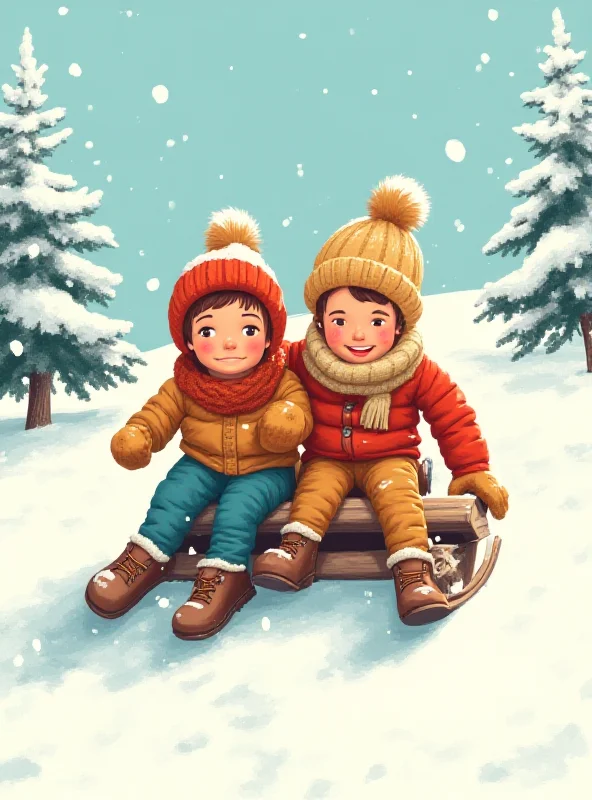 Two children, a boy and a girl, are sitting on a wooden sled at the top of a snowy hill, smiling and ready to slide down.