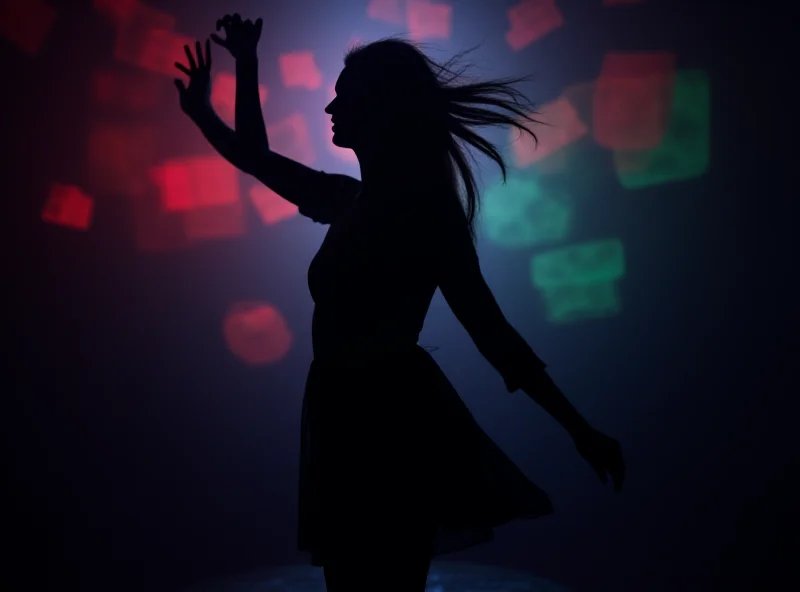 Silhouette of a woman dancing freely in a dark room, lit by colorful disco lights.