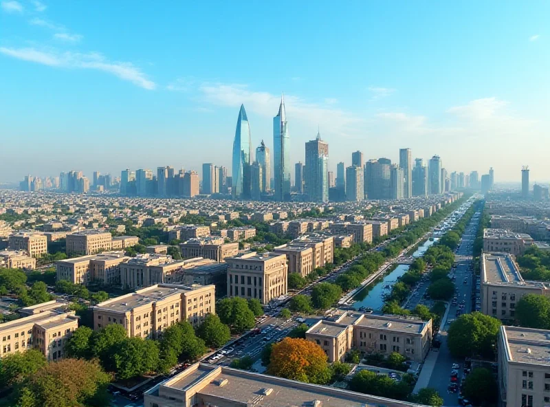 Aerial view of a modern city in Uzbekistan with modern buildings and traditional architecture blended together under a bright blue sky.