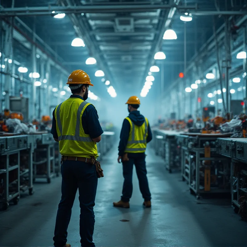 A modern factory in Uzbekistan producing goods, symbolizing import substitution and domestic production, with workers in safety gear overseeing the process.