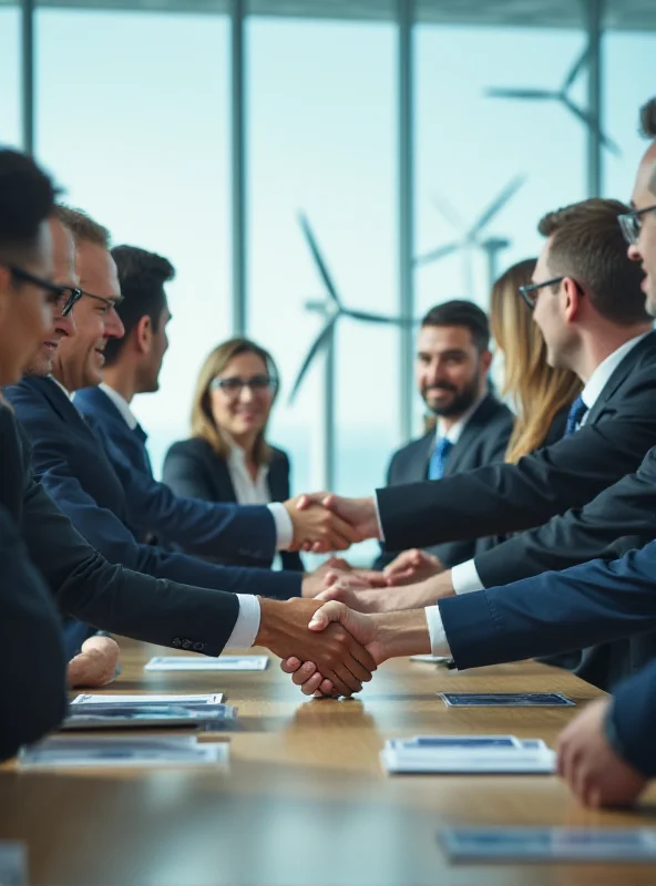 A diverse group of business professionals shaking hands in front of wind turbines and solar panels, symbolizing energy technology partnerships.