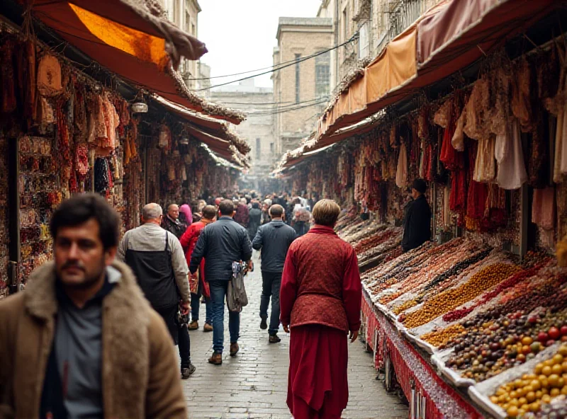 Bustling marketplace in Uzbekistan, with vendors and customers trading goods. Focus on colorful textiles and fresh produce.