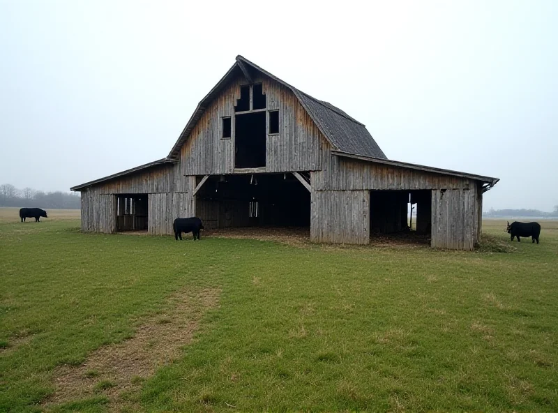 An old, run-down barn in a rural setting, with cows grazing in the background.