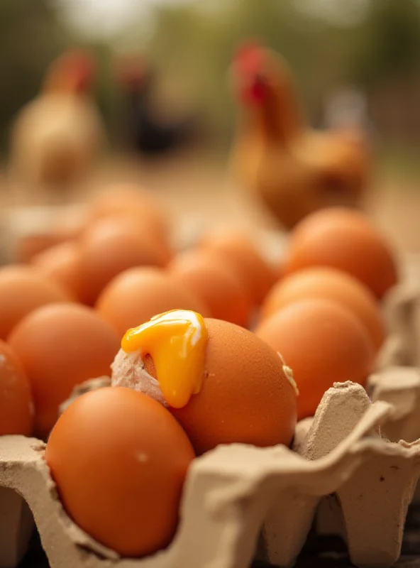 A close-up shot of a carton of brown eggs, with a few eggs cracked and leaking. The background is blurred and shows a farm setting.